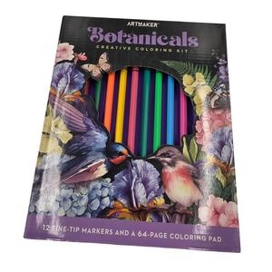 ArtMaker Botanicals Creative Coloring Kit 12 Fine-Tip Markers 64-Page Pad O1